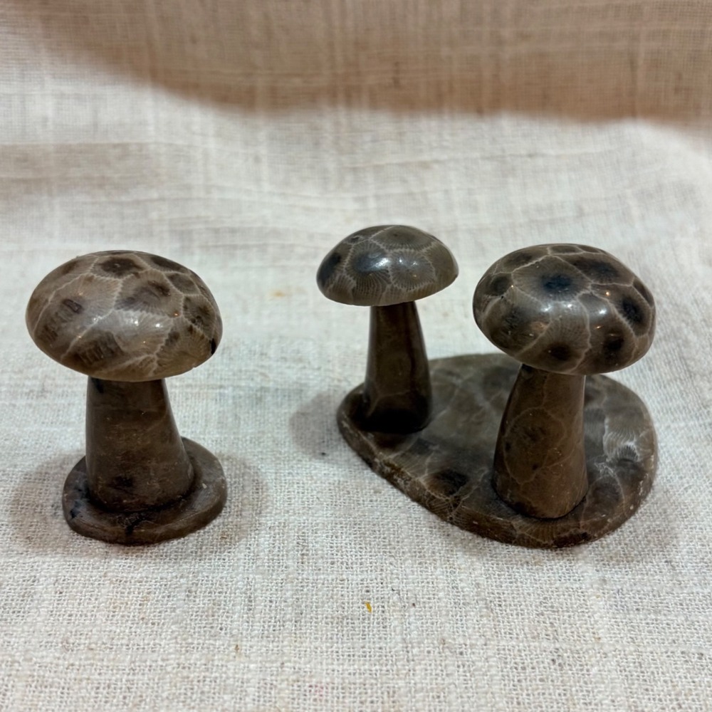 Vintage Hand Carved Petoskey Stone Mushroom Figurines Set of 2 Michigan Fossil
